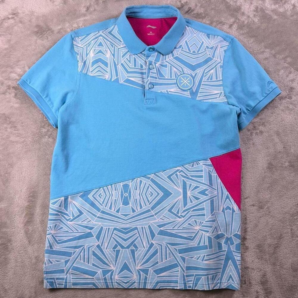 Li-Ning Polo Shirt Men’s XL Blue White Geometric Print Pink Accent